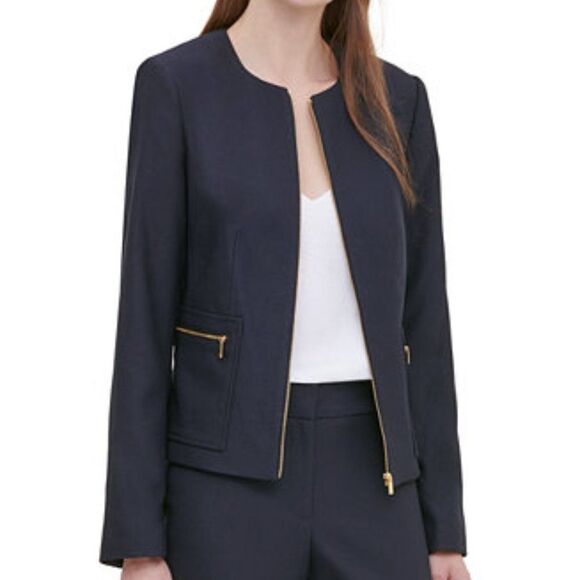 Calvin Klein Twill Zipper-Front Jacket size 4 Petite in Navy - NEW - Picture 1 of 14